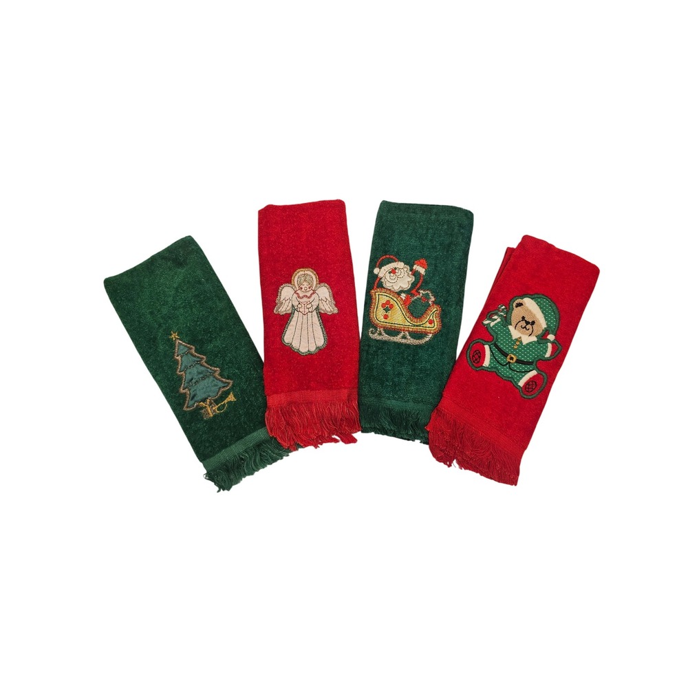 Vintage Cannon Christmas Hand Towels Set 4 Red Green Embroidered Fringed USA